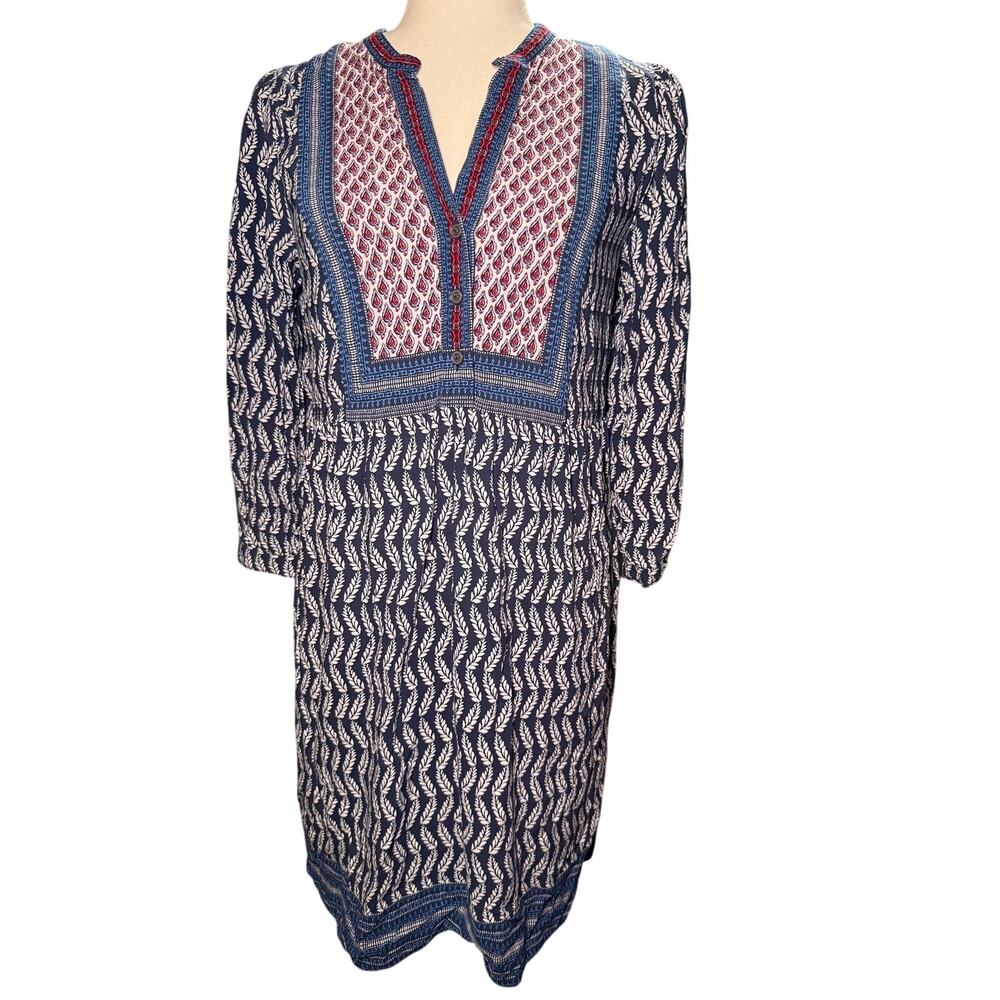 LOFT Petites Navy Blue Border Print Long Sleeve Boho Shift Dress, Small Petite